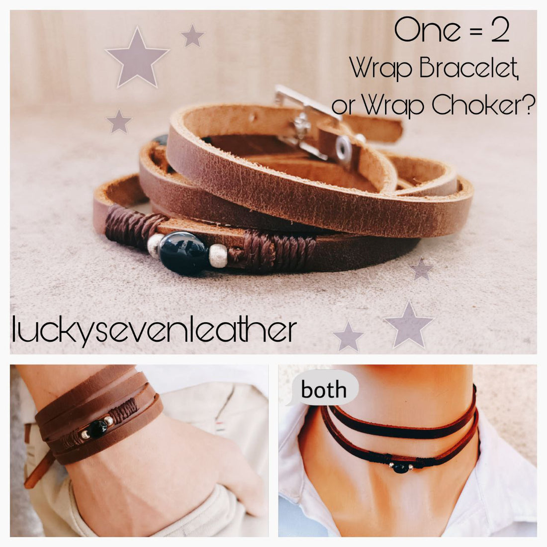 a 3-photo collage showcasing a piece of the Adapt Collection by Luckysevenleather: A dark brown crazy horse multistrand bracelet with black Tourmaline, that can be worn as wrap bracelet and double wrap choker necklace.