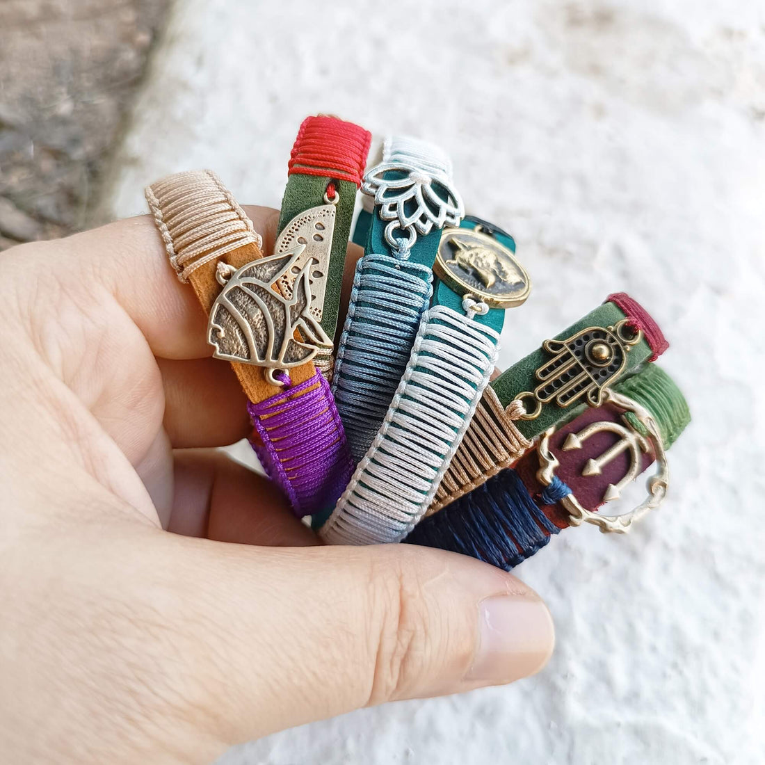 group photo of all 6 handmade leather bracelets of the soulful echoes collection