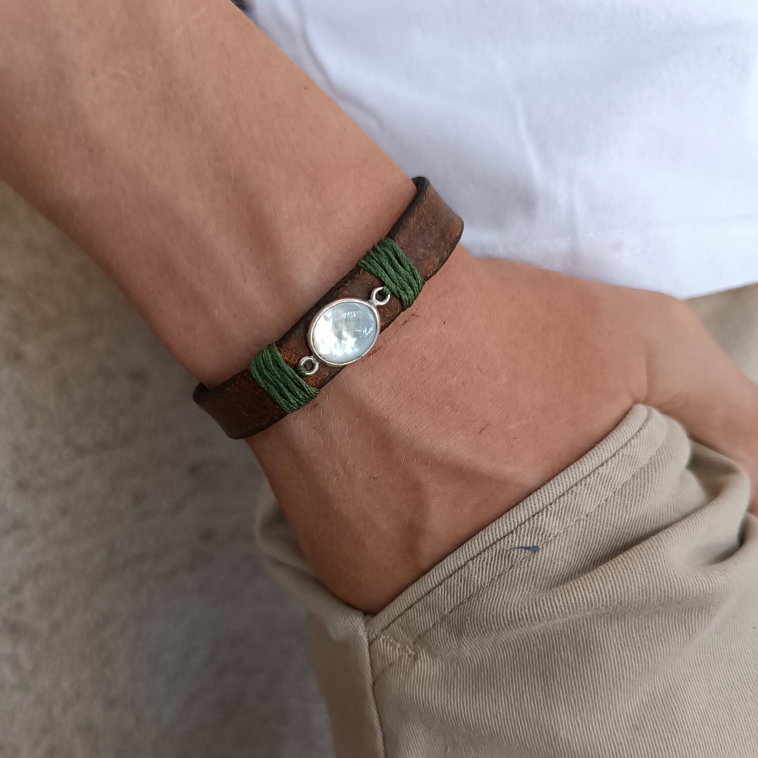 Natural Moonstone Wrap Leather Bracelet on a man's wrist