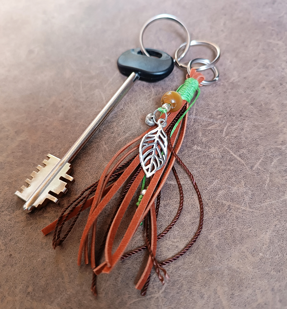 Suede Tassel Bag Charm with Natural Tiger's Eye and Silver Leaf (Random pick)