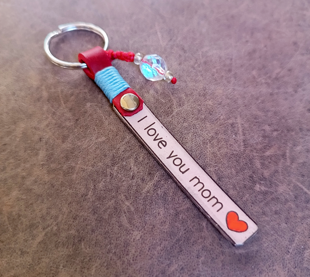 Personalized I love you mom leather keychain with Crystal