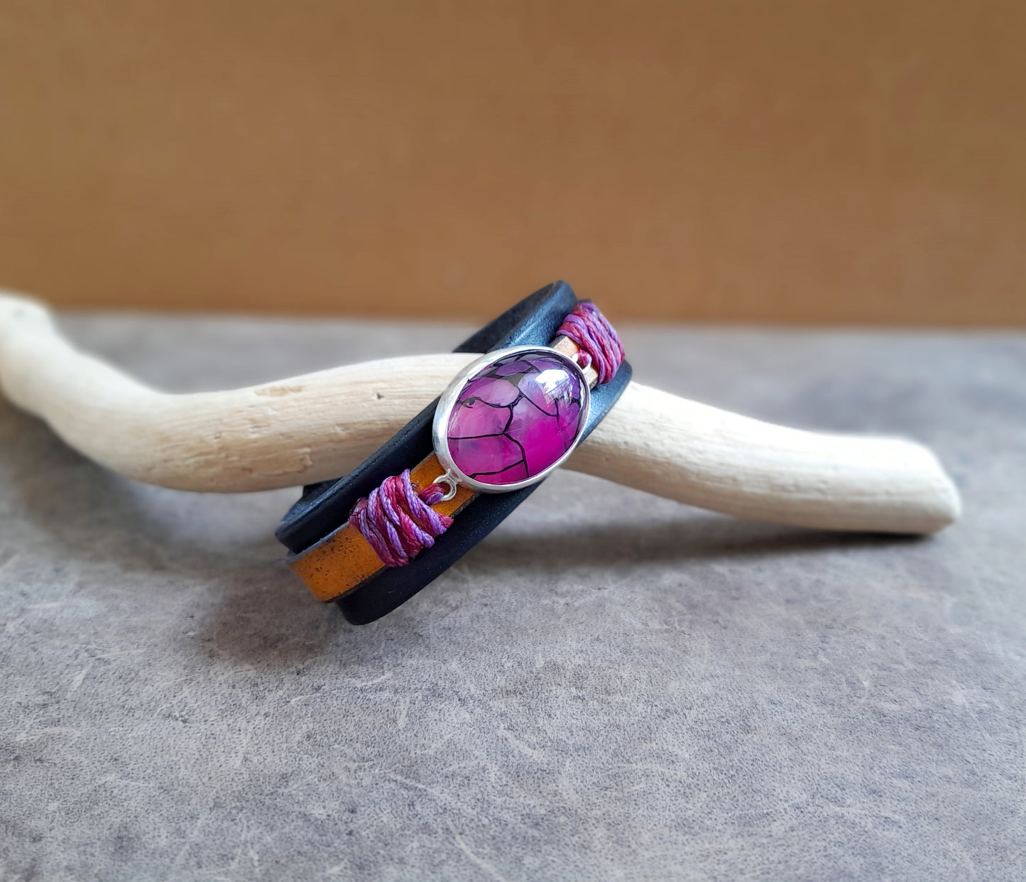 Natural Purple Dragon Veins Leather Bracelet, Silver 925