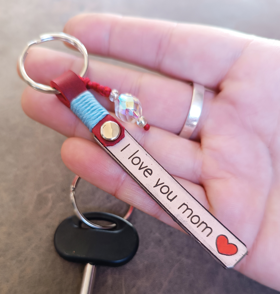 Personalized I love you mom leather keychain with Crystal