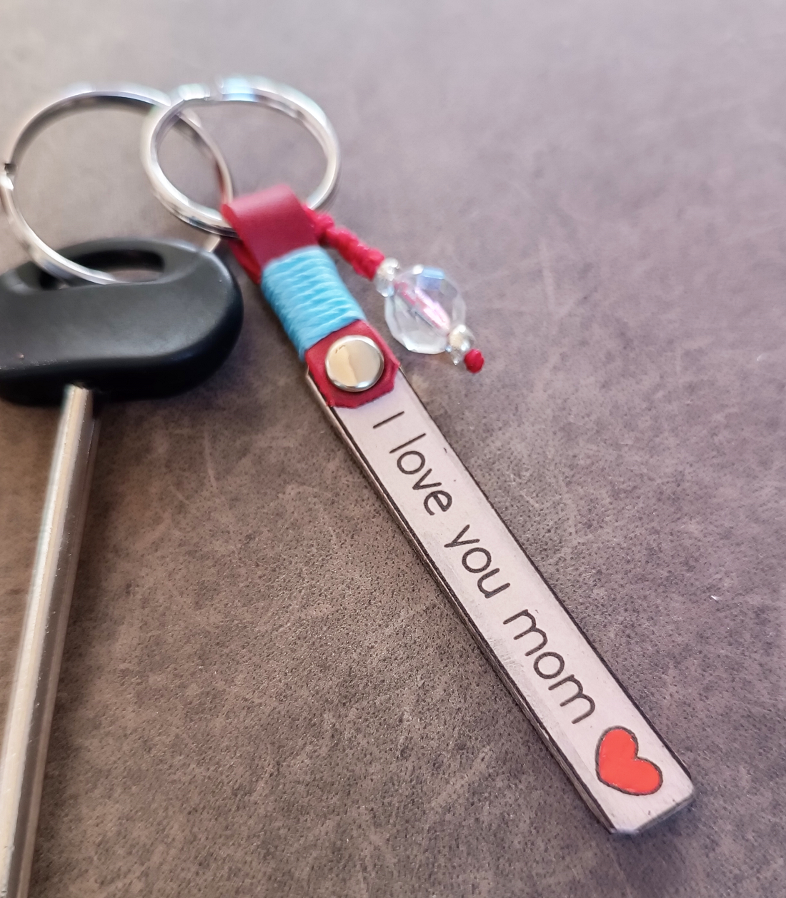 Personalized I love you mom leather keychain with Crystal