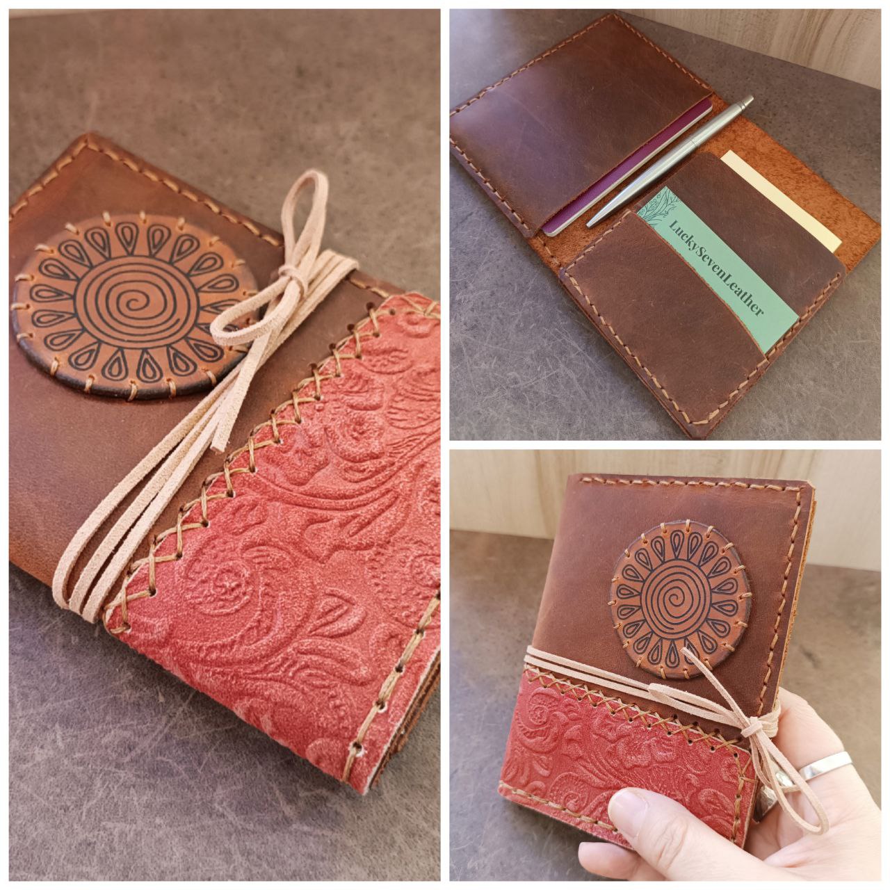 3 photo collage of the Wanderer's Journal passport case (close up closed, held, open)