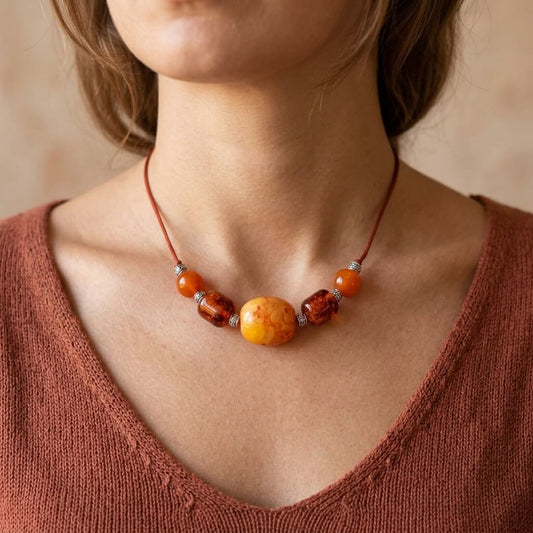 AI generated image for reference: Natural amber beaded bib necklace worn at collarbone with central amber focal bead