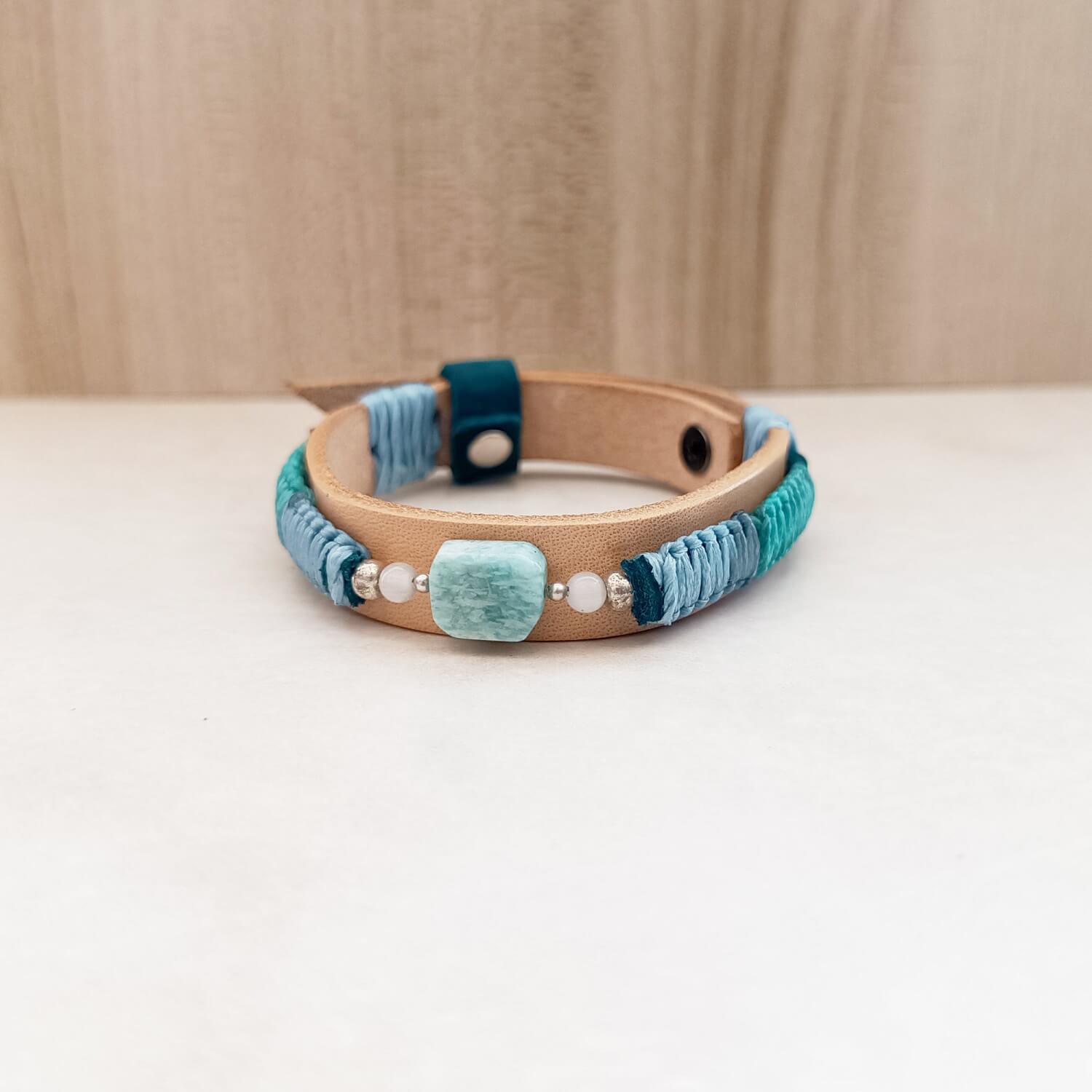 Amazonite bracelet front view on white marble, showing its calm and elegant boho look