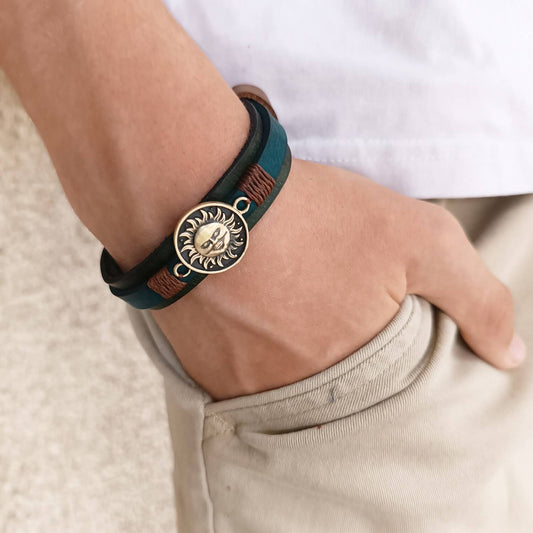 Apollo's Radiance Bracelet worn on wrist, showing its bold yet gentle style and comfortable fit. Handmade by Lucky Seven Leather.