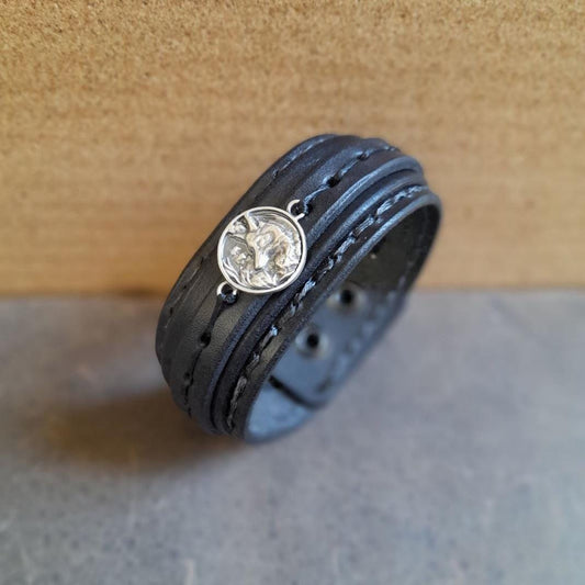 Black Layered Crazy Horse leather bracelet with detailed fox charm side view