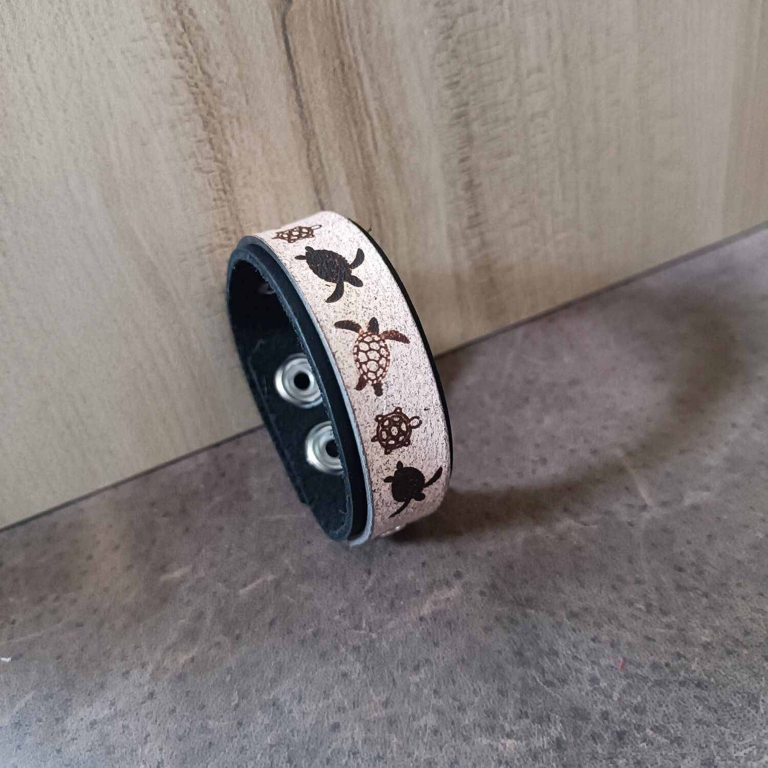 Black Tortoise Leather Cuff close up side view