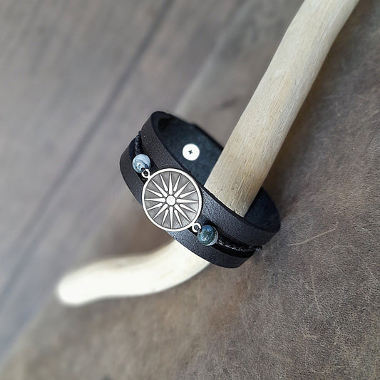 Close-up front view of Silver Vergina Sun Black Leather Bracelet, focusing on the detailed German Silver Vergina Sun charm.
