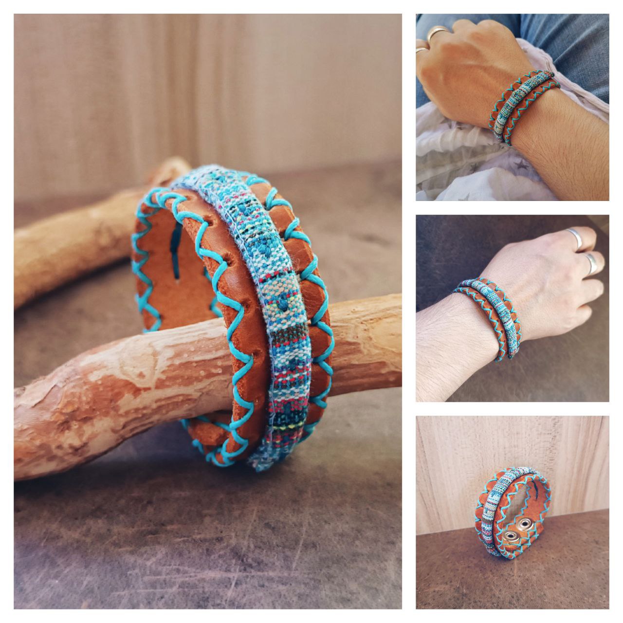 Collage of the boho cuff with embroidery cord, side views and worn