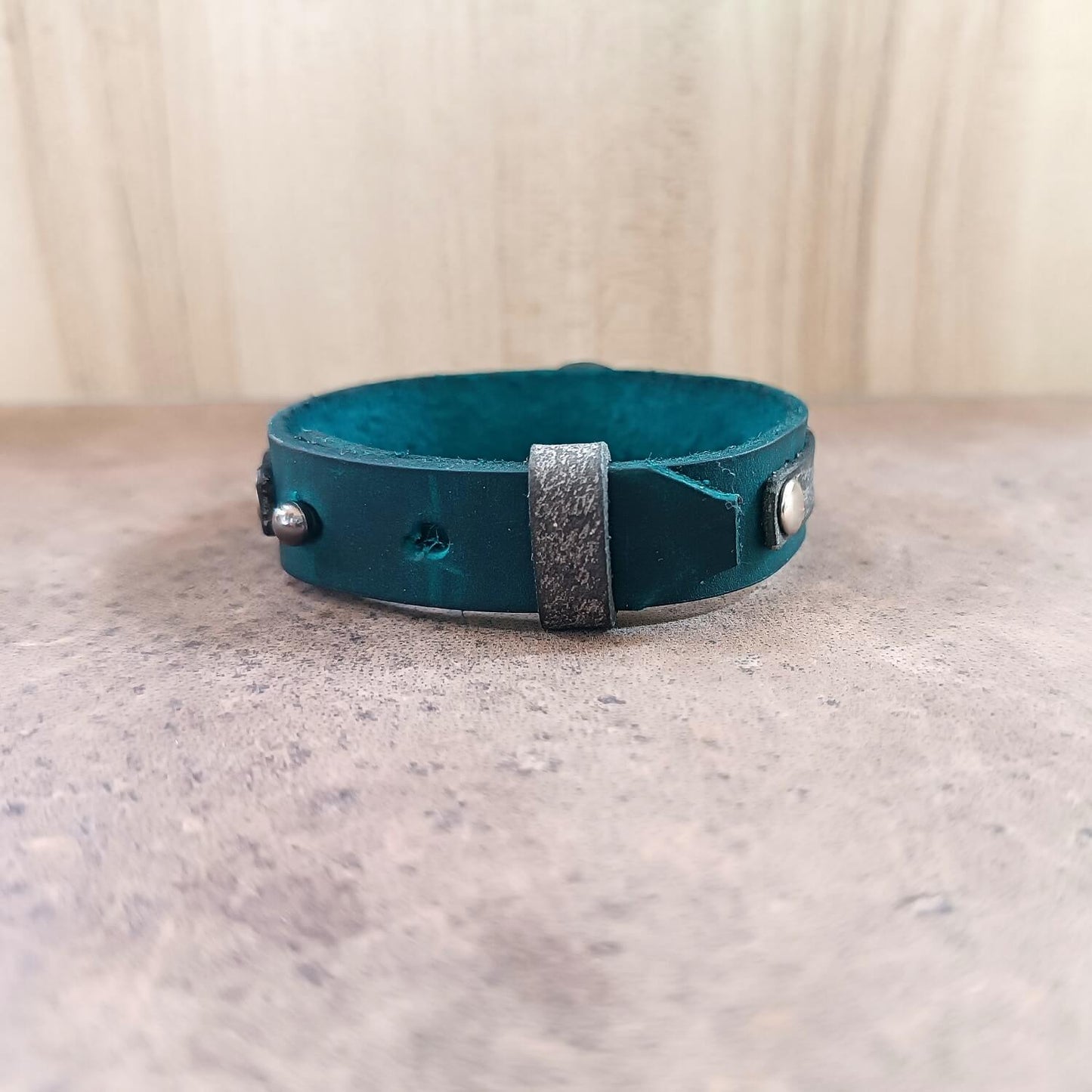 Indigo leather band backside view