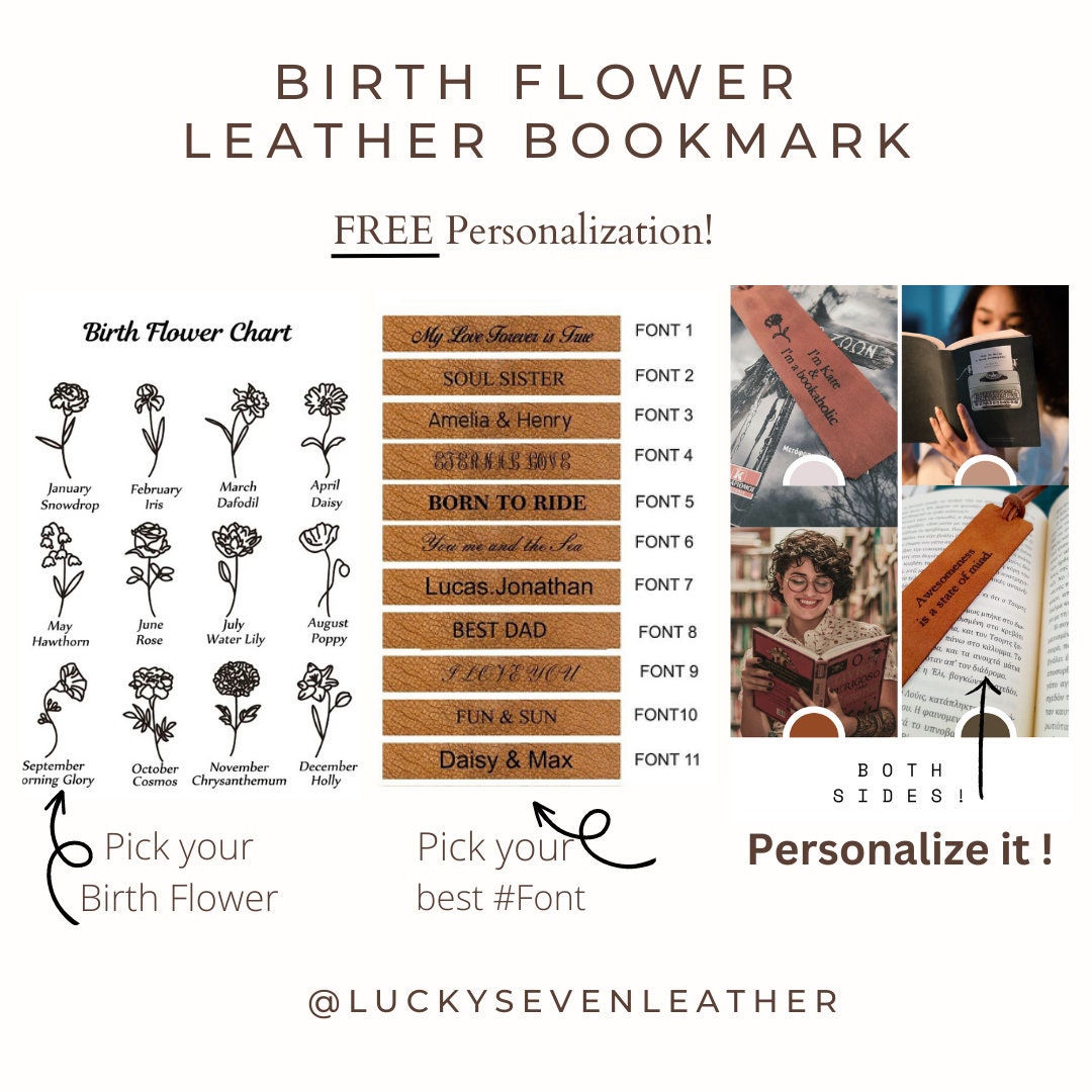 Customization Instructions with birthflowers and their months, available fonts and both sides personalization.