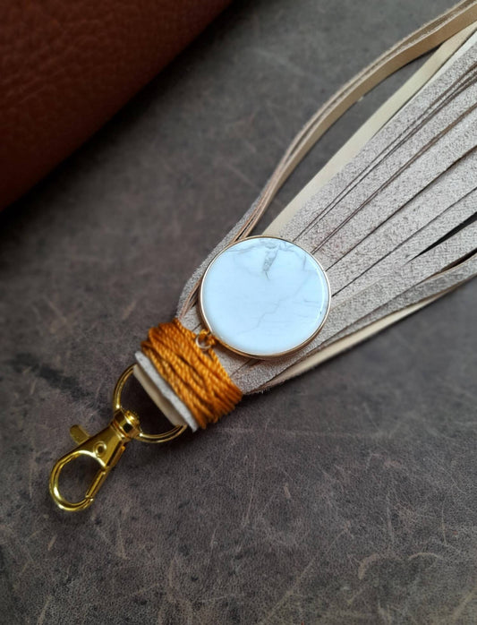 Detailed close-up of the large Howlite disc pendant on the Serene Howlite Charm, highlighting its smooth texture, soft white color, and unique gray veining.