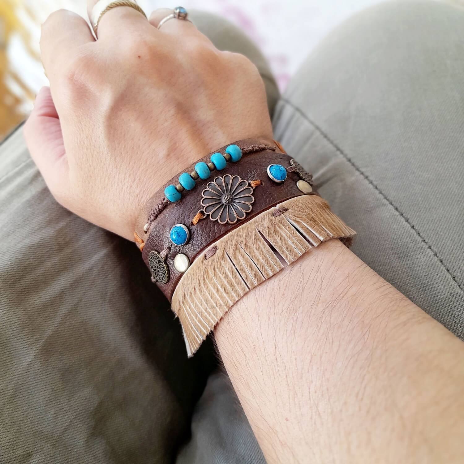 Extra Wide Chunky Boho Leather Cuff worn on a wrist, demonstrating its bold statement and fit.