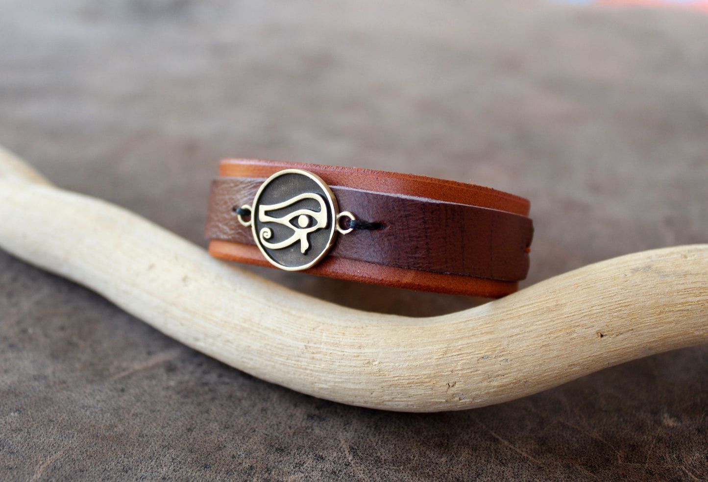 Eye of Horus leather bracelet close up
