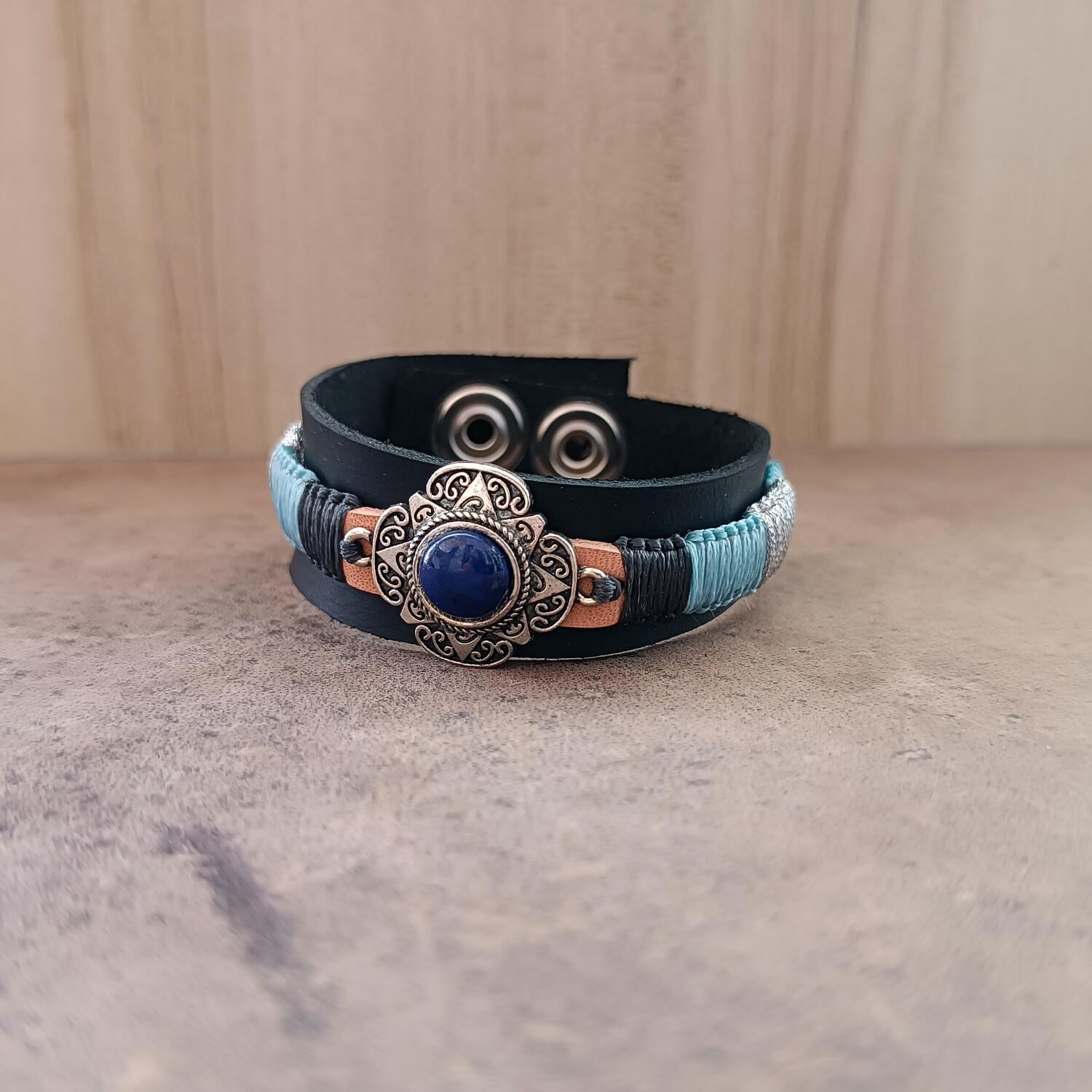 Lapis Lazuli and Macrame Wide Leather Cuff Bracelet with Silver Star Pendant