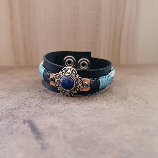 Lapis Lazuli and Macrame Wide Leather Cuff Bracelet with Silver Star Pendant