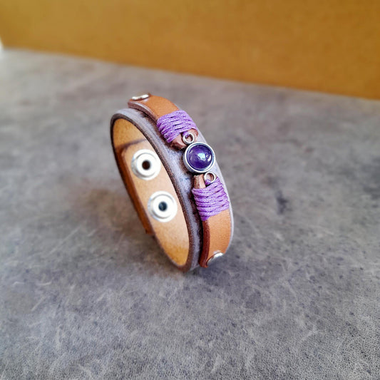 Full side view of the Amethyst & Leather Stacking Bracelet, showcasing its entire design, including the leather layers, Amethyst stone, and silver-tone rivets.