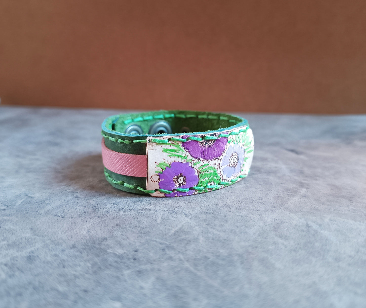 Mossy Green Floral Leather Bracelet