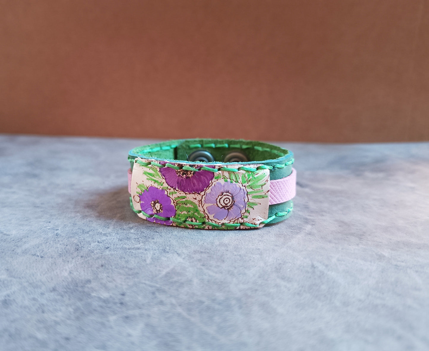 Mossy Green Floral Leather Bracelet