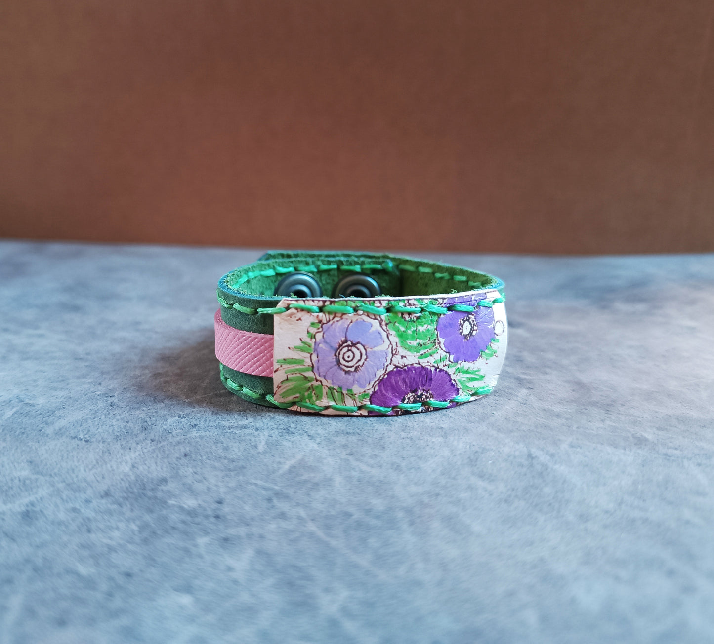 Mossy Green Floral Leather Bracelet
