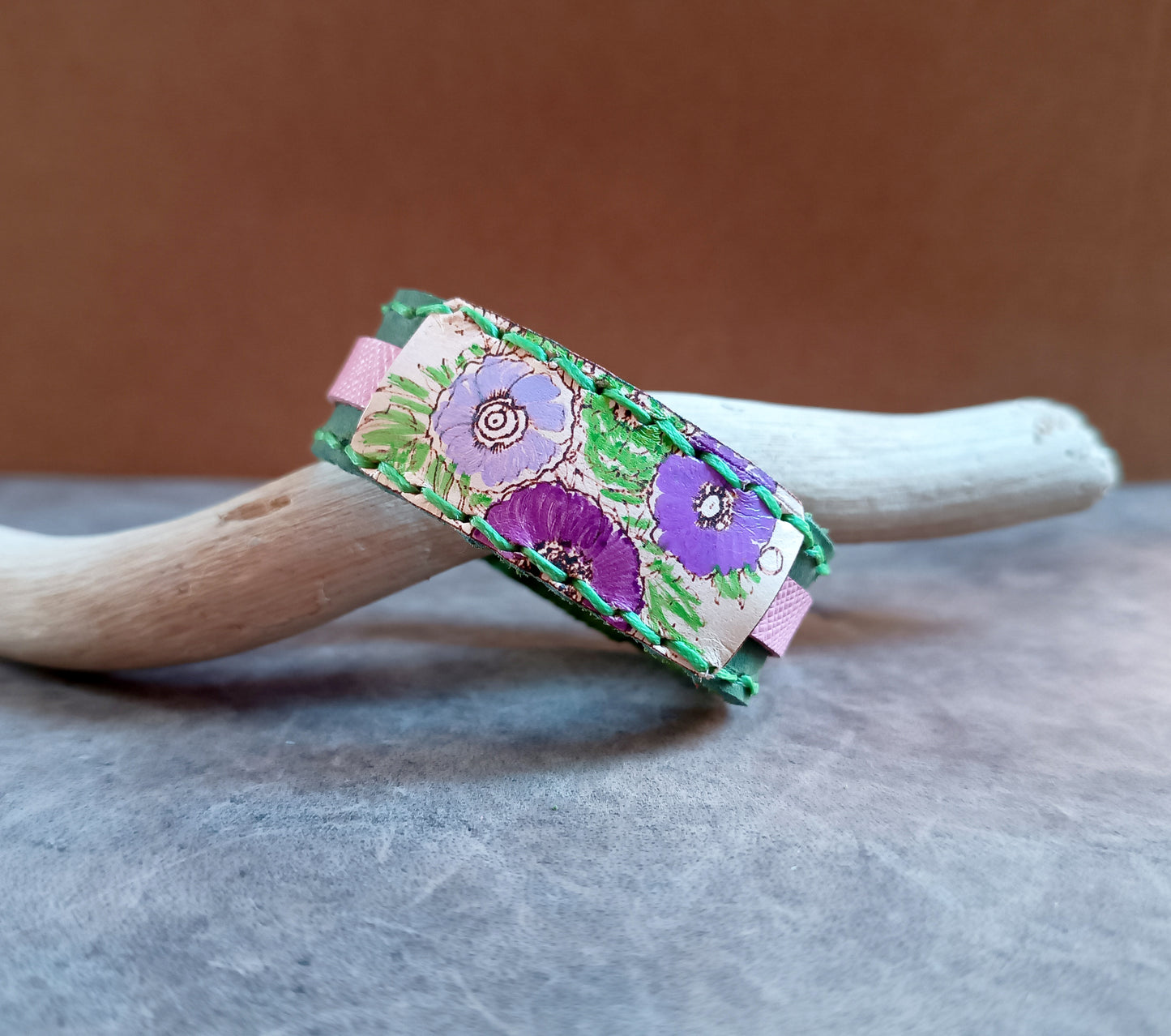 Mossy Green Floral Leather Bracelet