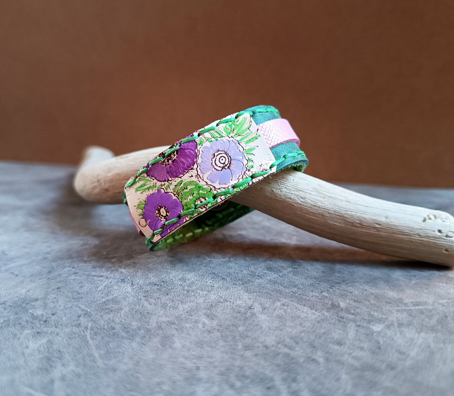Mossy Green Floral Leather Bracelet
