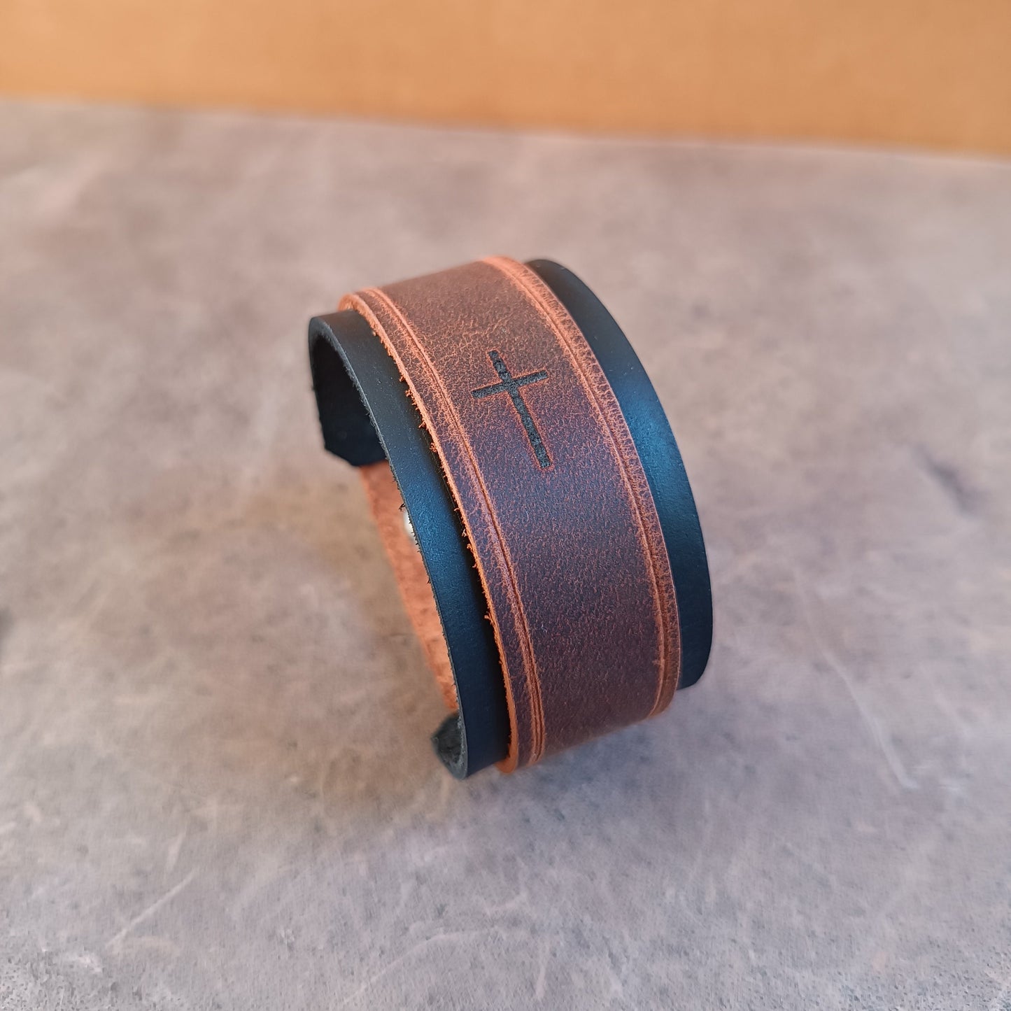 Brown Black Rugged Leather Cuff with Cross