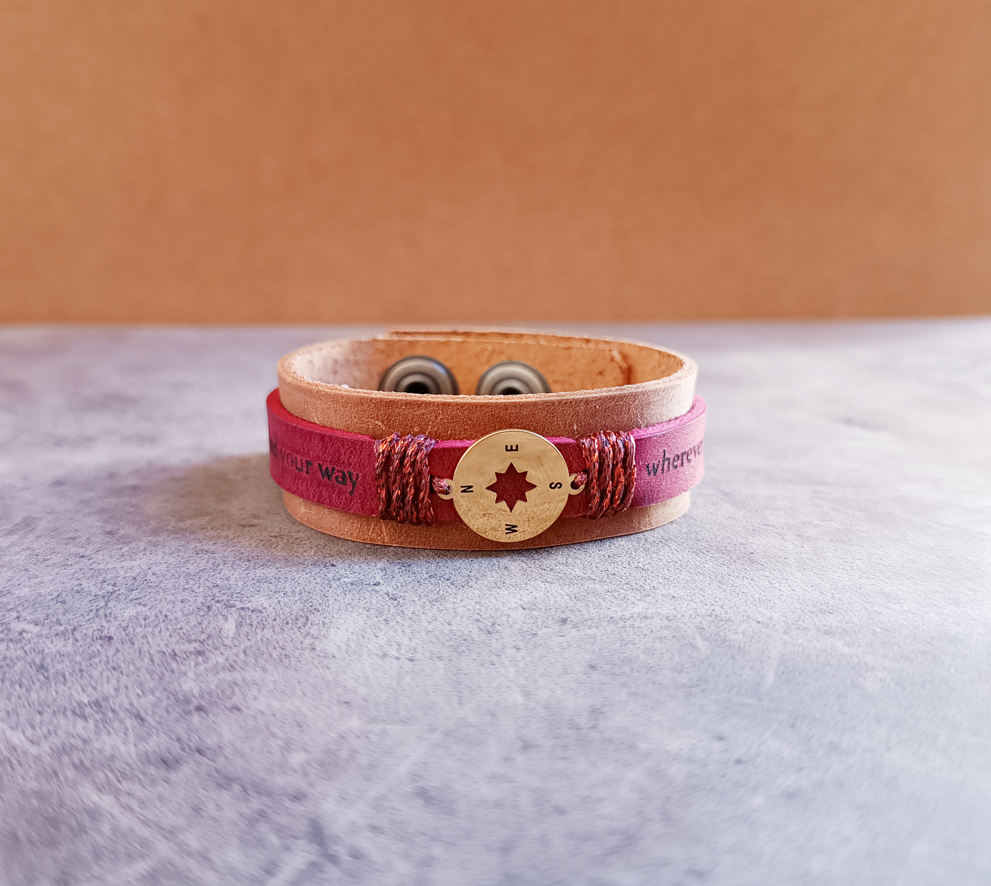 Gold Compass Leather Bracelet with Custom Message
