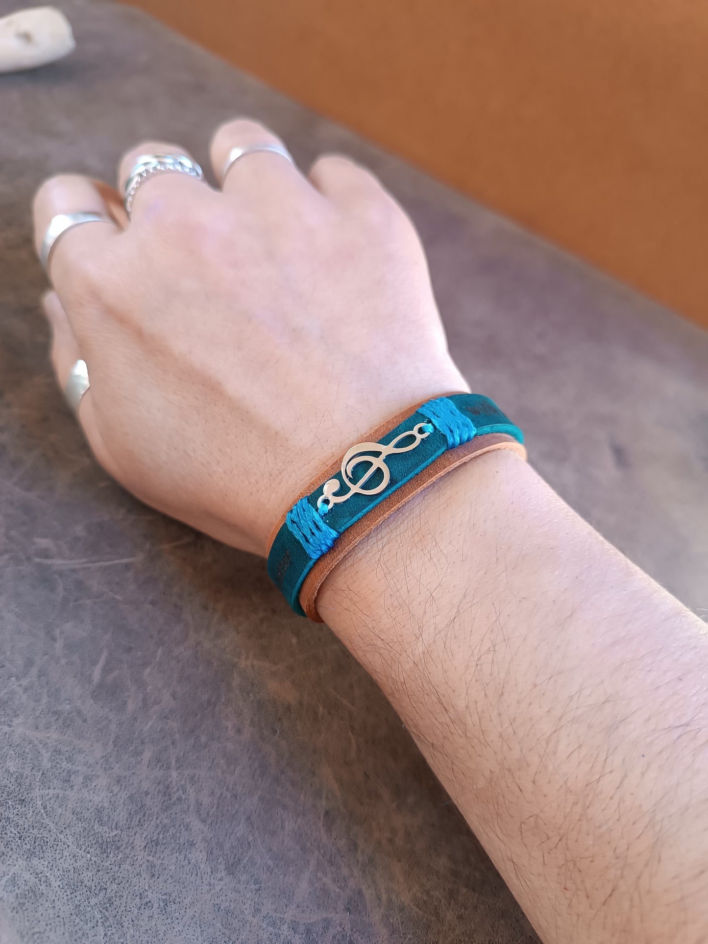 Silver Treble Clef Leather Bracelet with Custom Message