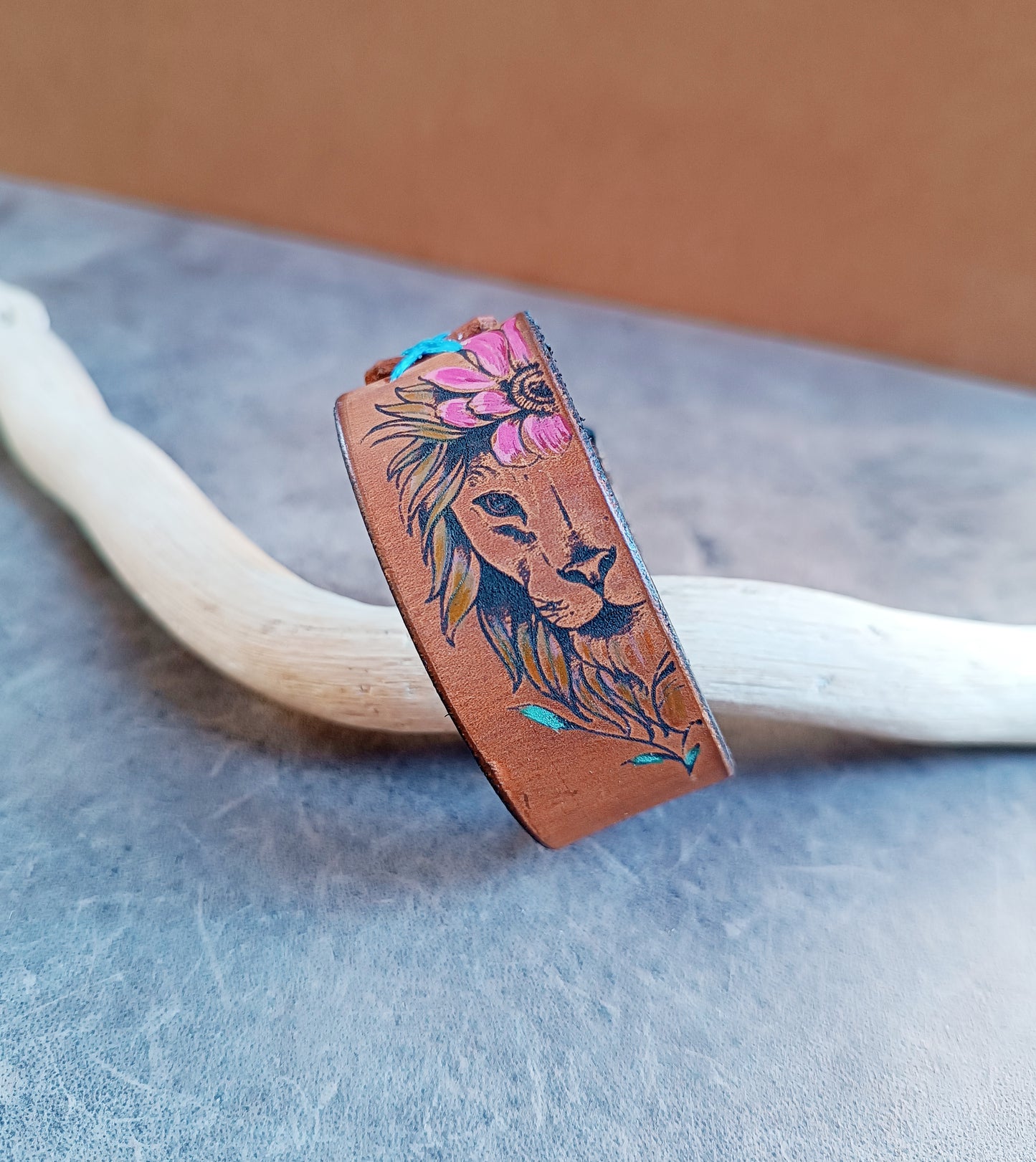 Floral Lioness Leather Cuff Bracelet