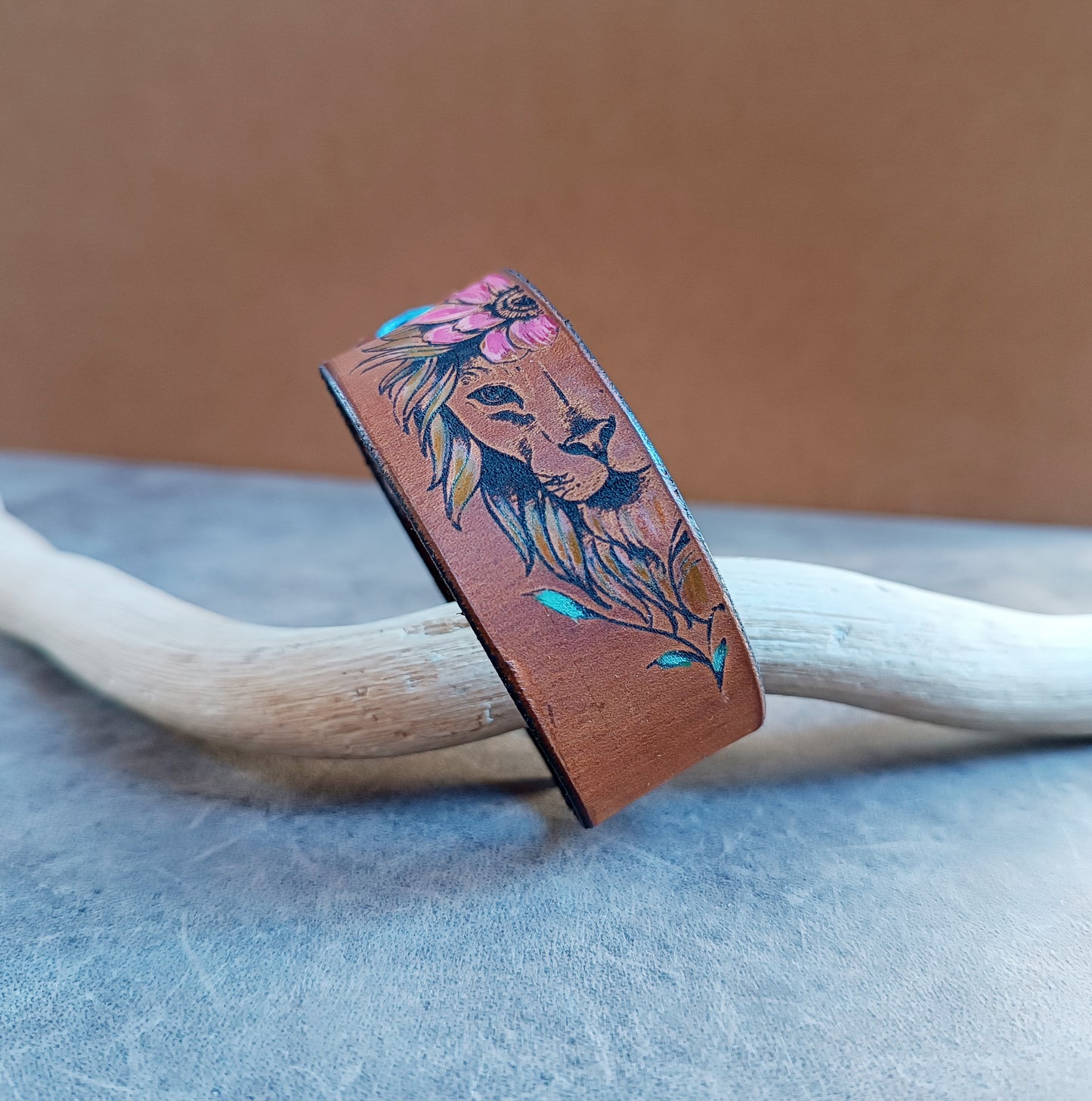 Floral Lioness Leather Cuff Bracelet