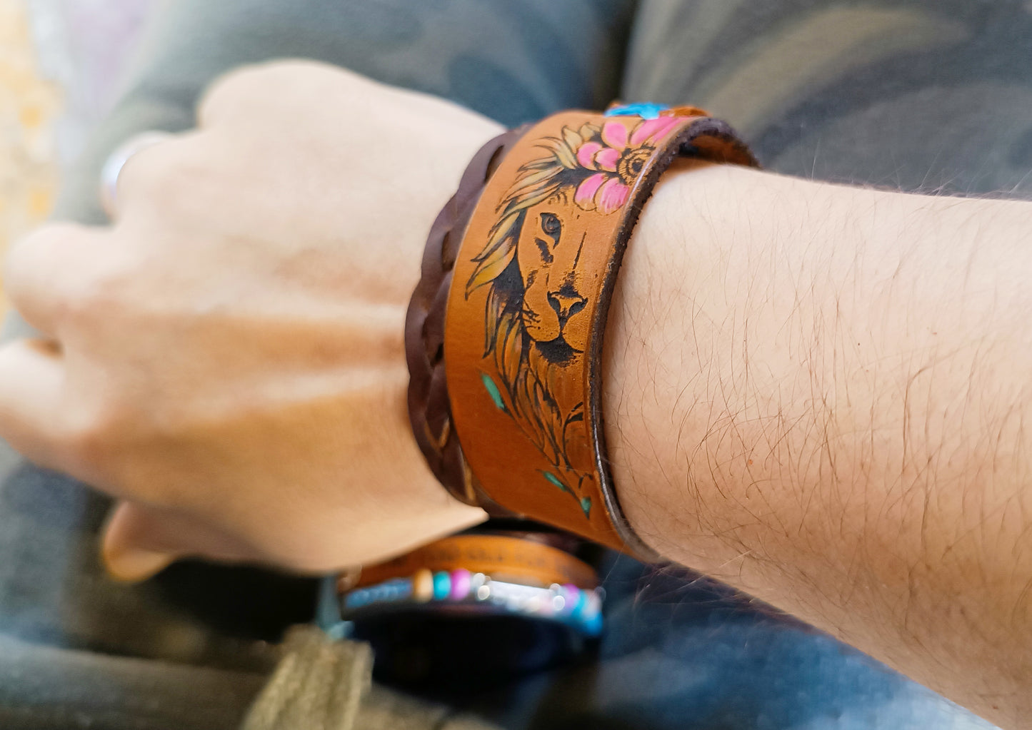 Floral Lioness Leather Cuff Bracelet
