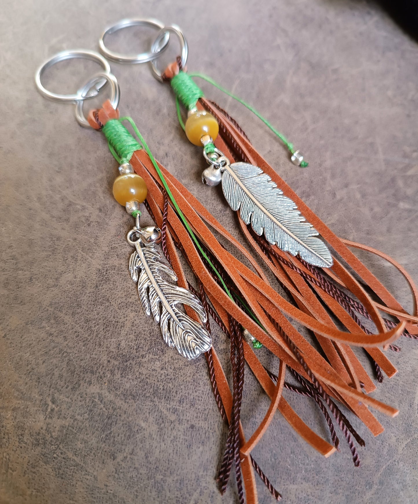 Suede Tassel Bag Charm with Natural Tiger's Eye and Silver Leaf (Random pick)
