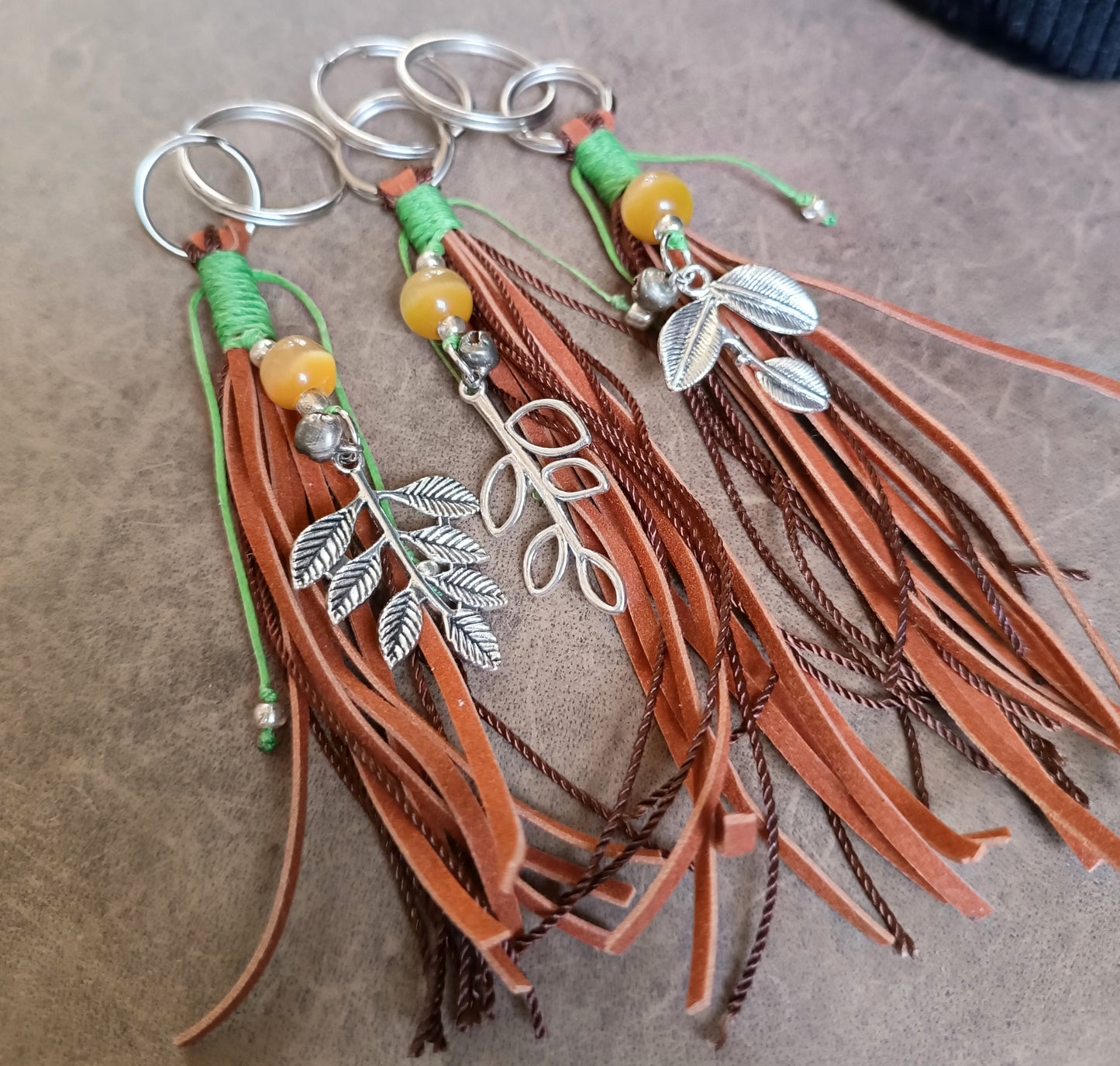 Suede Tassel Bag Charm with Natural Tiger's Eye and Silver Leaf (Random pick)