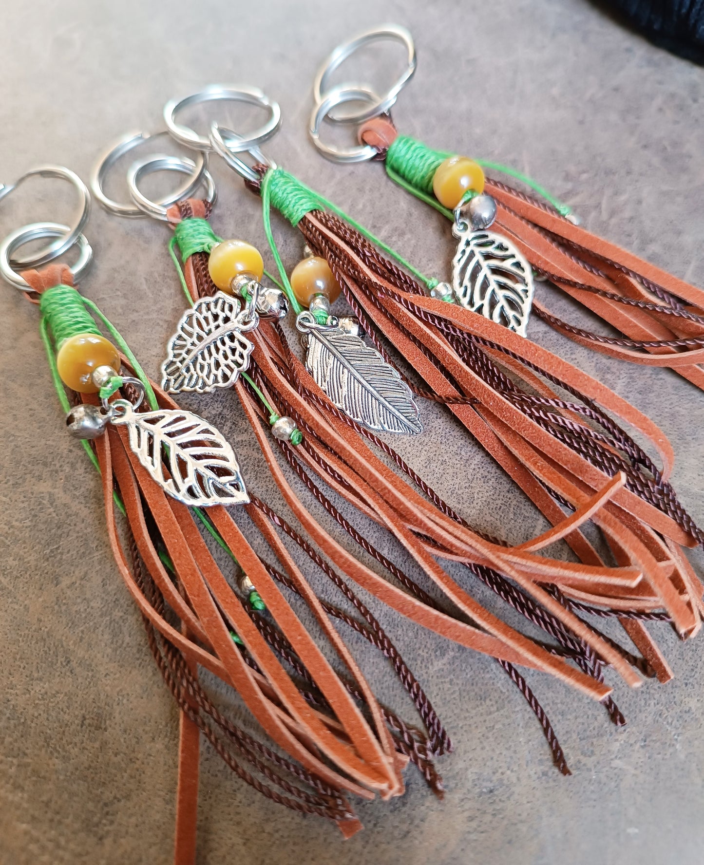 Suede Tassel Bag Charm with Natural Tiger's Eye and Silver Leaf (Random pick)