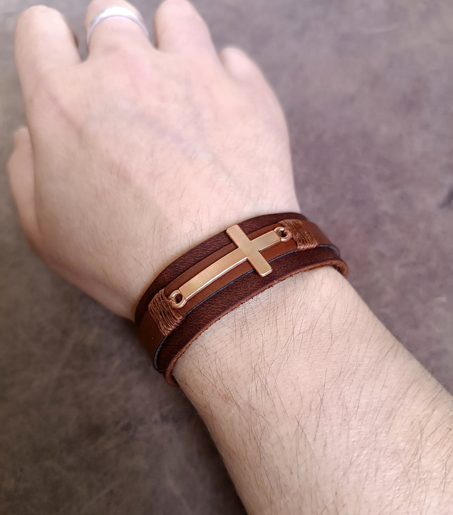 Rose Gold Cross Leather Cuff with Custom Underside Bible Verse