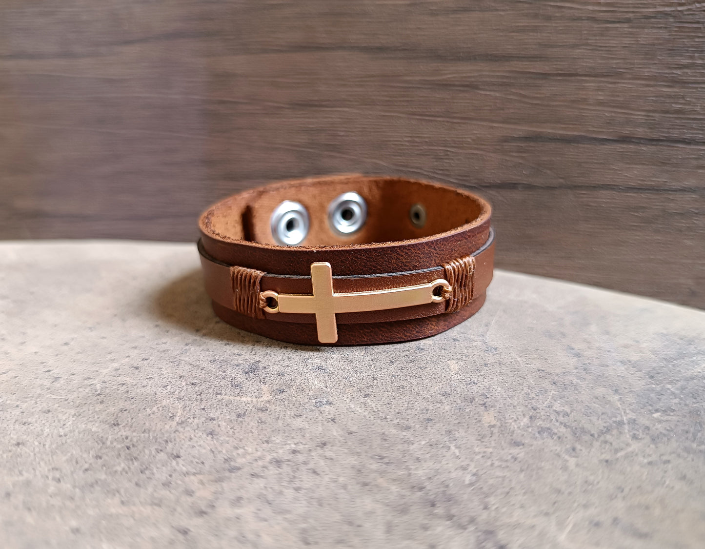 Rose Gold Cross Leather Cuff with Custom Underside Bible Verse