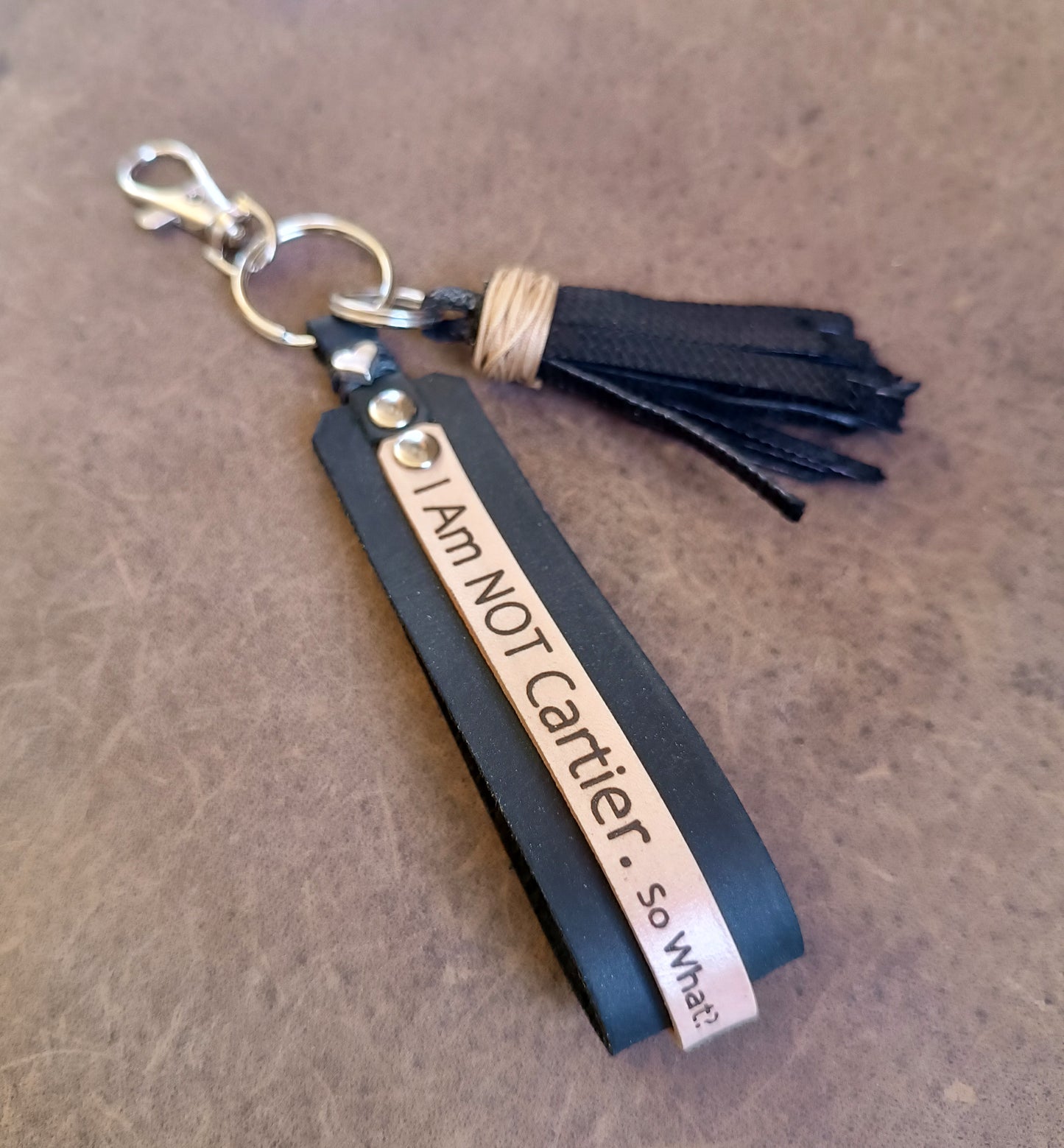 Fun Designer Keychain with Tassel, Black Leather Bag Charm