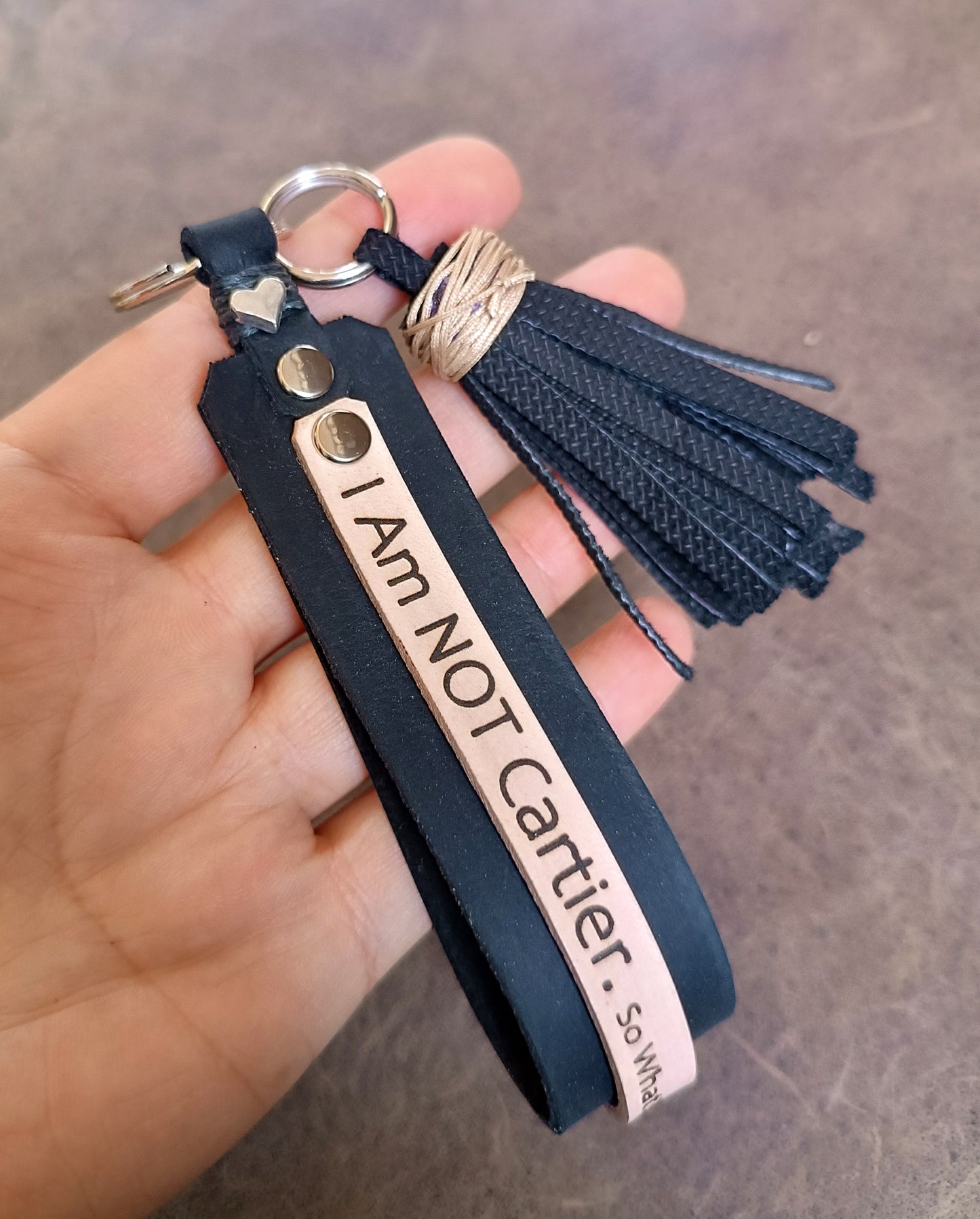 Fun Designer Keychain with Tassel, Black Leather Bag Charm