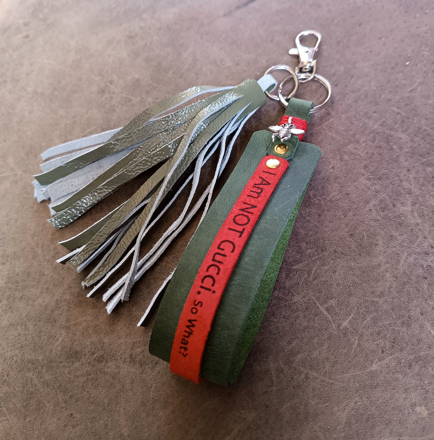 Designer Bag Charm, Green Red Green Leather Tassel Purse Ornament