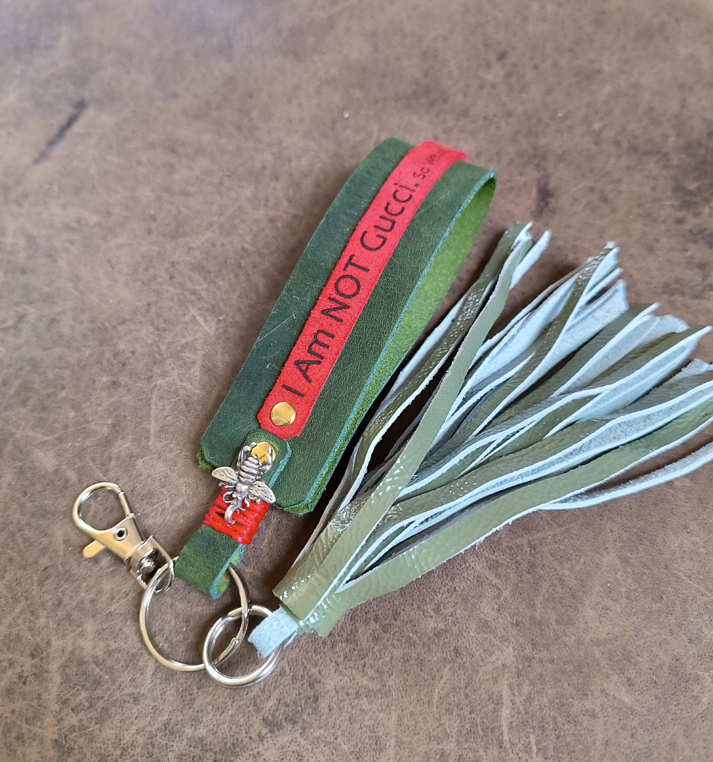 Designer Bag Charm, Green Red Green Leather Tassel Purse Ornament