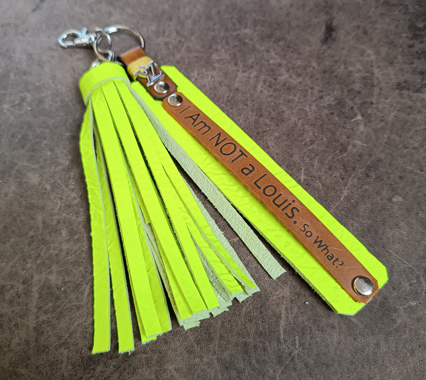Designer Leather Bag Charm, Fluo Yellow Leather Tassel Purse Ornament