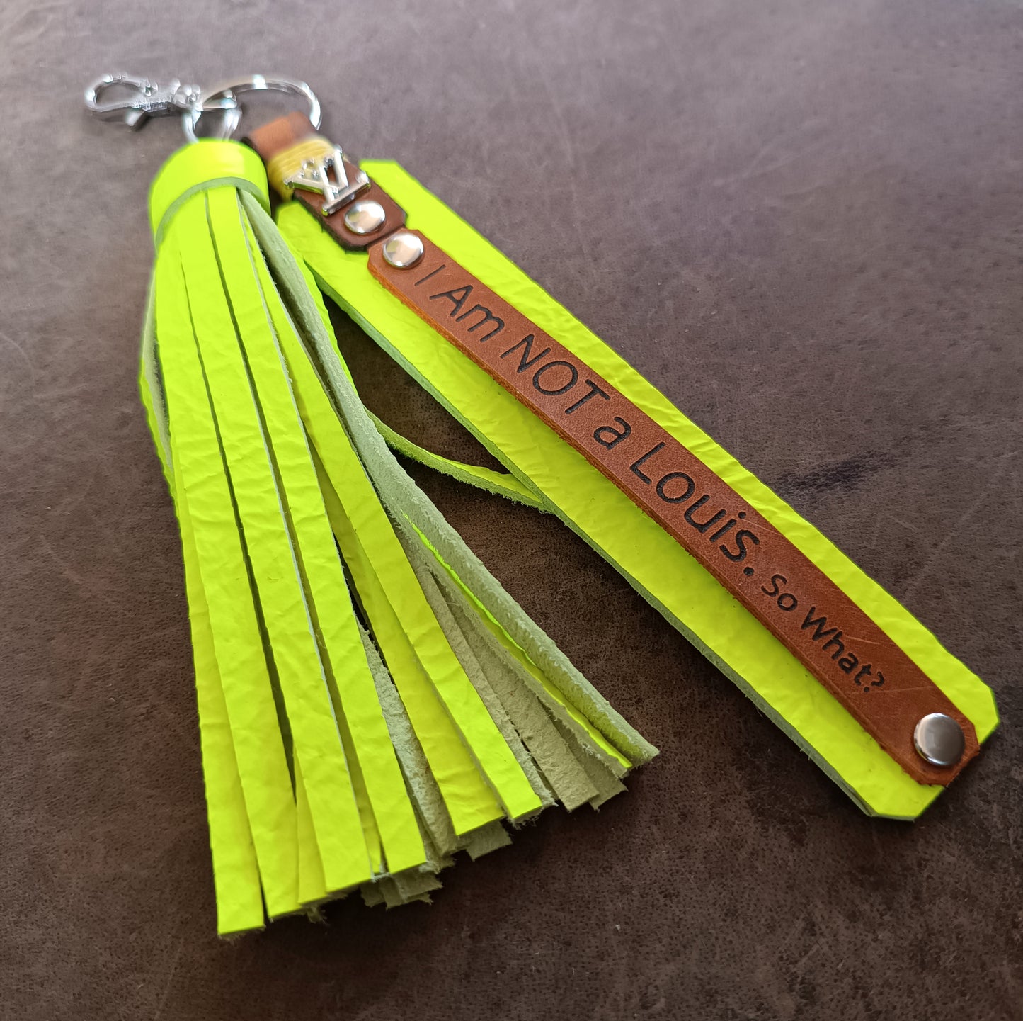 Designer Leather Bag Charm, Fluo Yellow Leather Tassel Purse Ornament