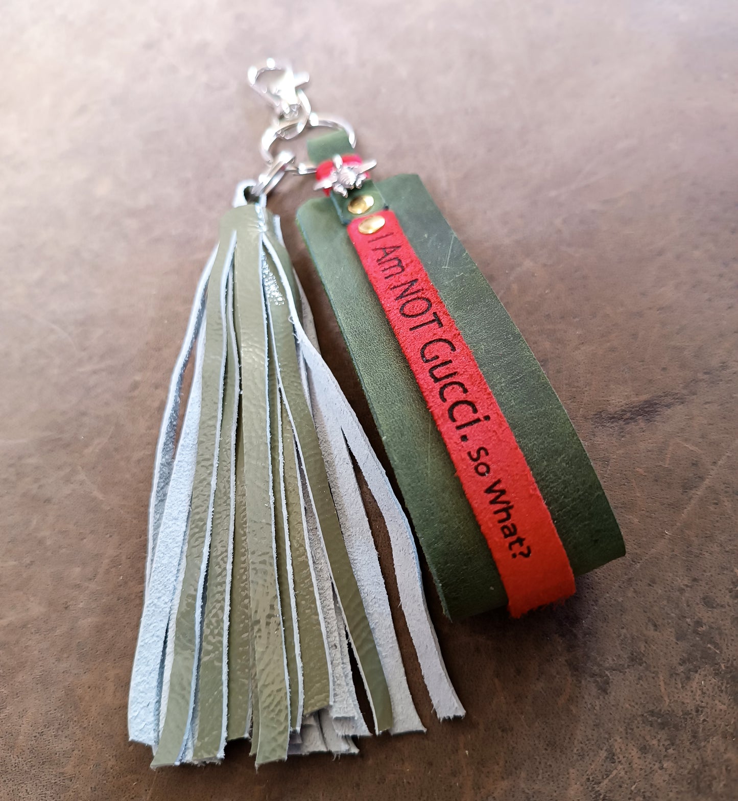 Designer Bag Charm, Green Red Green Leather Tassel Purse Ornament