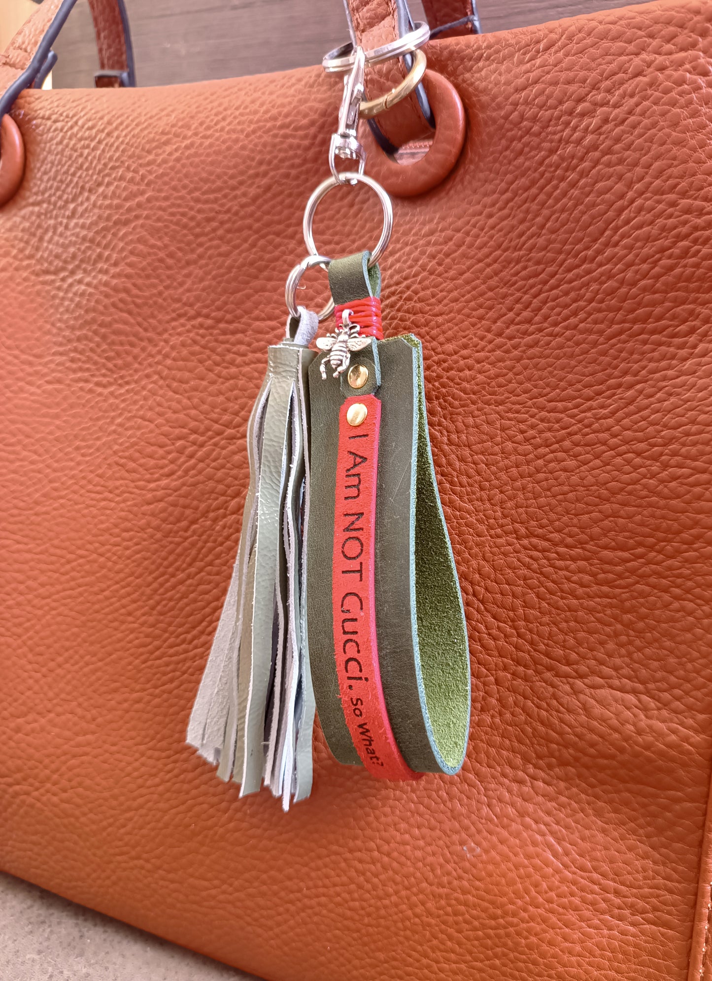 Designer Bag Charm, Green Red Green Leather Tassel Purse Ornament