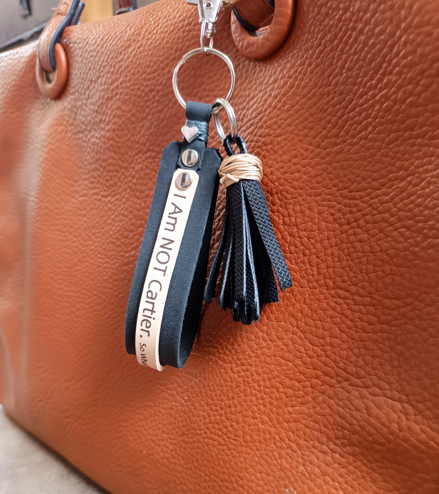 Fun Designer Keychain with Tassel, Black Leather Bag Charm