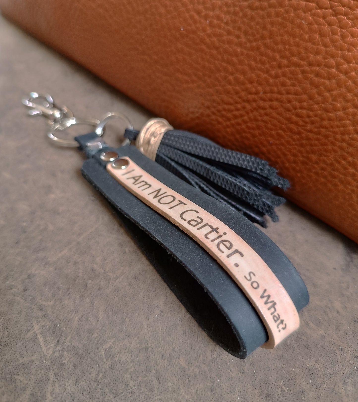 Fun Designer Keychain with Tassel, Black Leather Bag Charm